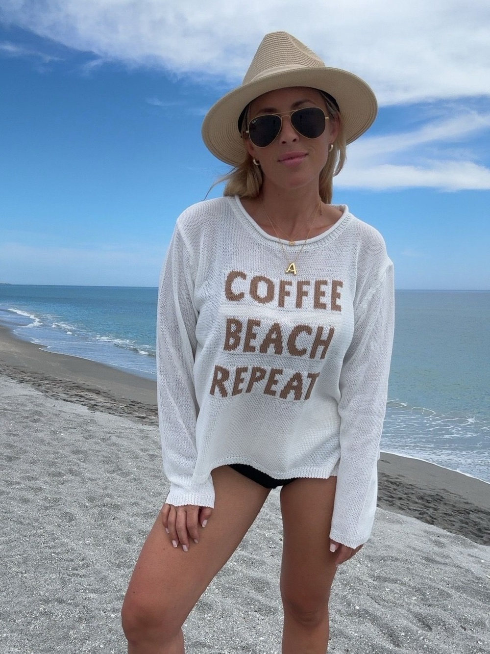 White Knit Sweater with Brown "Coffee Beach Repeat" Text
